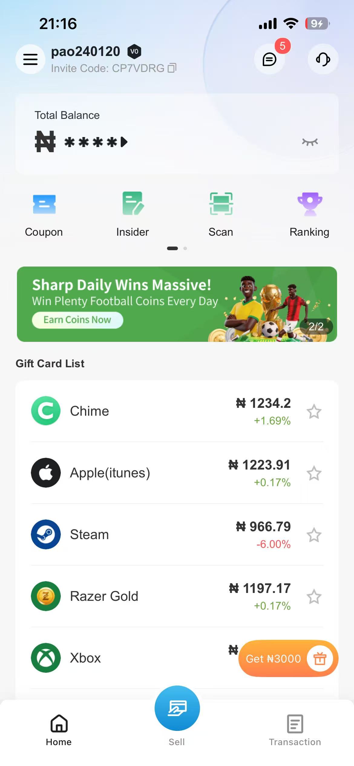 Svelox home screen showing gift card rates